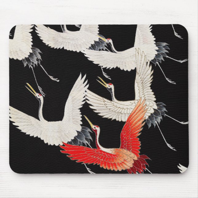 Flying Cranes: Japanese Bird Kimono Art Mouse Pad (Front)
