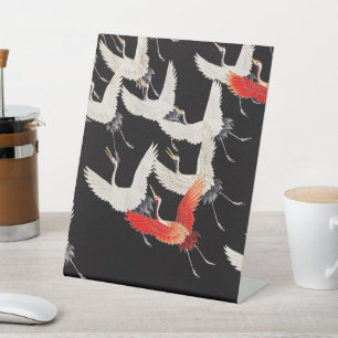Flying Cranes: Japanese Bird Kimono Art Pedestal Sign