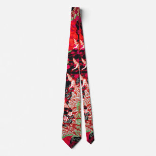 FLYING CRANES ,SPRING FLOWERS Japanese Red Floral Tie