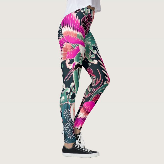 FLYING CRANES WAVES,FLOWERS Pink Japanese Floral Leggings (Right)