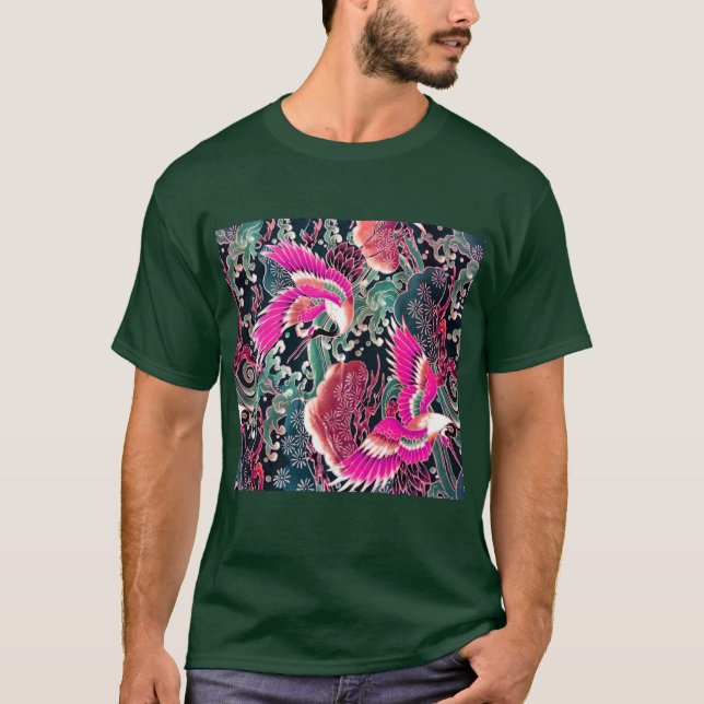 FLYING CRANES,WAVES,FLOWERS Pink Japanese Floral T-Shirt (Front)