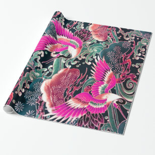 FLYING CRANES,WAVES,FLOWERS  Pink Japanese Floral Wrapping Paper