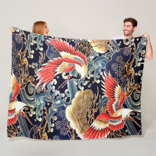 FLYING CRANES,WAVES,SPRING FLOWERS Japanese Floral Fleece Blanket