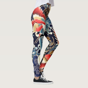 FLYING CRANES WAVES,SPRING FLOWERS Japanese Floral Leggings