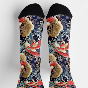 FLYING CRANES,WAVES,SPRING FLOWERS Japanese Floral Socks