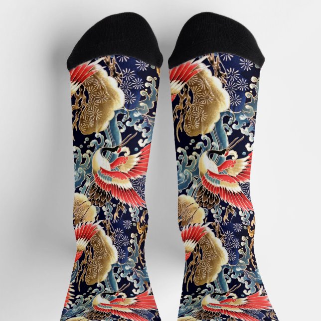 FLYING CRANES,WAVES,SPRING FLOWERS Japanese Floral Socks (Top)