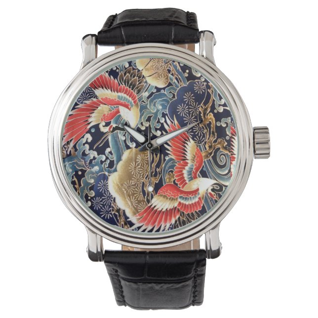 FLYING CRANES,WAVES,SPRING FLOWERS Japanese Floral Watch (Front)