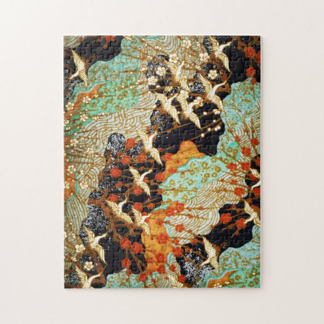 FLYING CRANES WITH SPRING FLOWERS Japanese Floral Jigsaw Puzzle (Vertical)