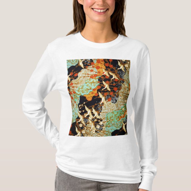 FLYING CRANES WITH SPRING FLOWERS Japanese Floral T-Shirt (Front)