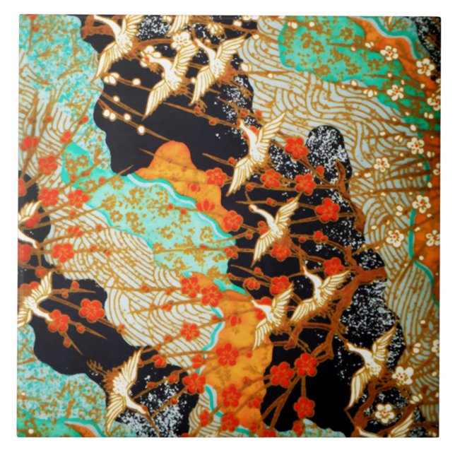 FLYING CRANES WITH SPRING FLOWERS Japanese Floral Tile (Front)