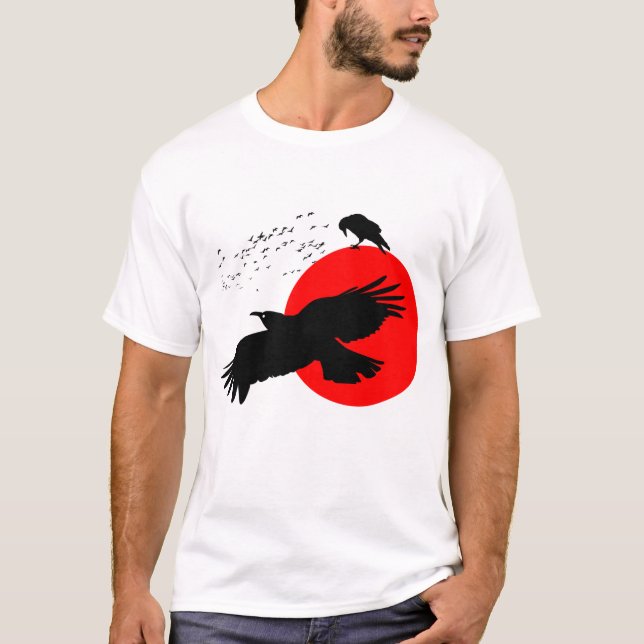 Flying Crow Silhouette against Scarlet Red Sun  T-Shirt (Front)