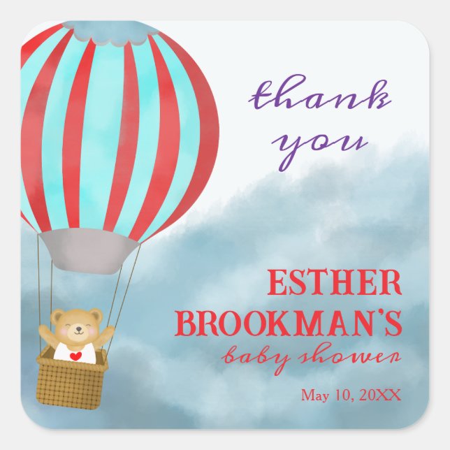 Flying Cute Cub in a Hot Air Balloon Baby Shower Square Sticker (Front)