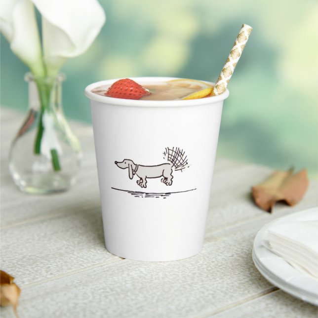 Flying Dachshund grey paper cups (Insitu)