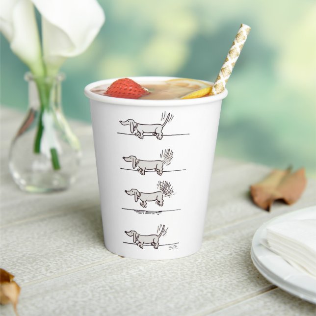 Flying Dachshund grey paper cups (Insitu)