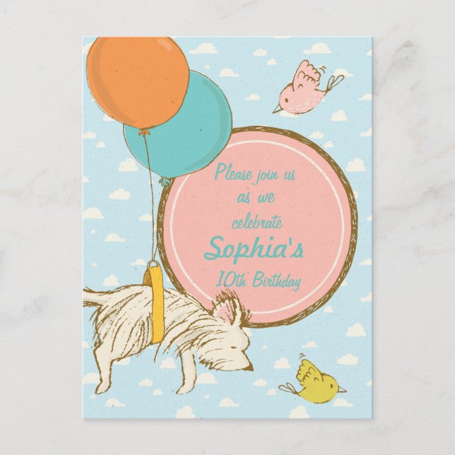 Flying dog and birds- Children Birthday Invitation Postcard (Front)