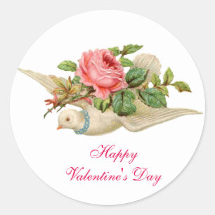 FLYING DOVE WITH PINK ROSE VALENTINE'S DAY CLASSIC ROUND STICKER