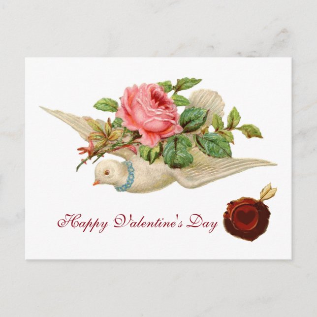 FLYING DOVE WITH PINK ROSE Valentine's Day Holiday Postcard (Front)