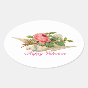 FLYING DOVE WITH PINK ROSE VALENTINE'S DAY OVAL STICKER
