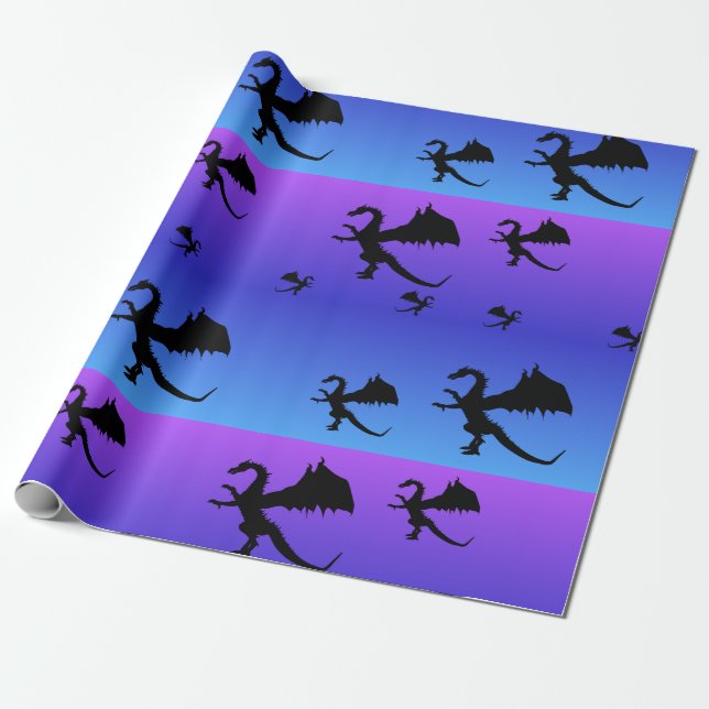 Flying Dragon Silhouette Purple Blue Wrapping Paper (Unrolled)