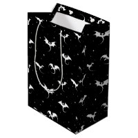Flying dragons and stars on black background