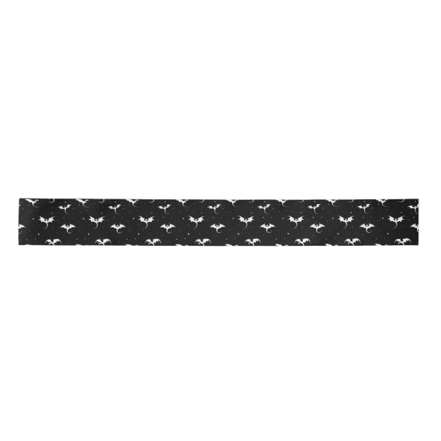 Flying dragons and stars on black background satin ribbon (Front)