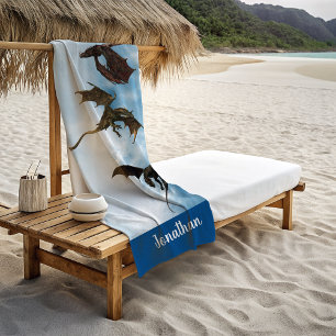 Flying Dragons Wyvern Fantasy Personalised  Beach Towel