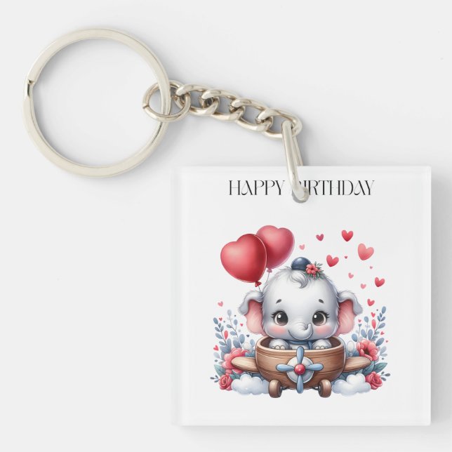 Flying Elephant Birthday Key Ring (Front)