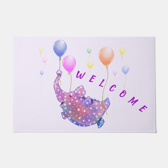 Flying Elephant with Balloons Doormat Welcome (Front)