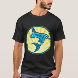 Flying Fish Jumping Retro Woodcut T-Shirt