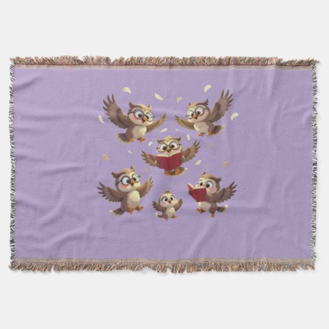 "Flying Funny Owls – Disney Cartoon Style" Throw Blanket (Front)