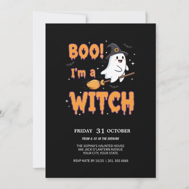 Flying Ghost on Broom Spooky Party Card (Front)