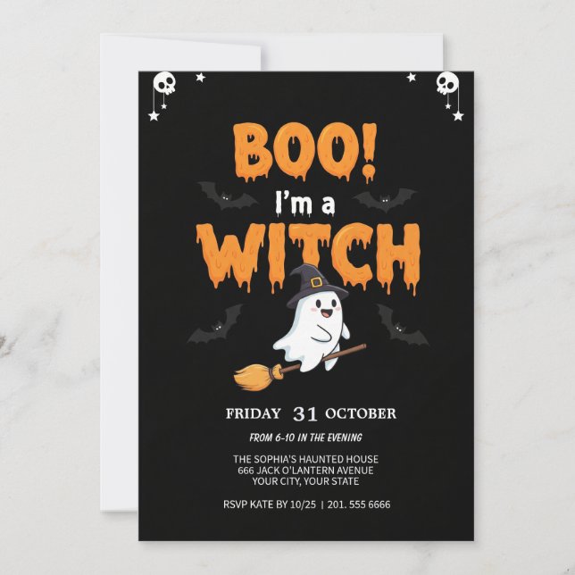 Flying Ghost on Broom Spooky Party Card (Front)