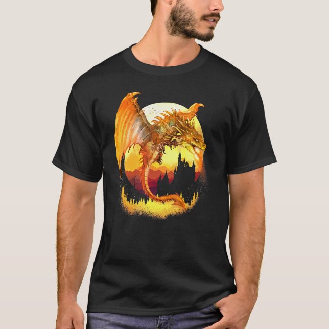 Flying Golden Fantasy Dragon With Fire T-Shirt (Front)