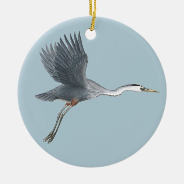 Flying Great Blue Heron Ceramic Tree Decoration (Front)