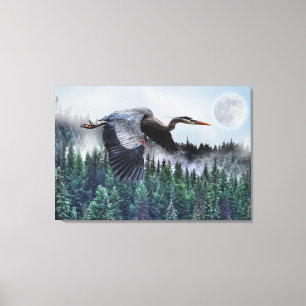 Flying Great Blue Heron & Misty Forest Wildlife Canvas Print