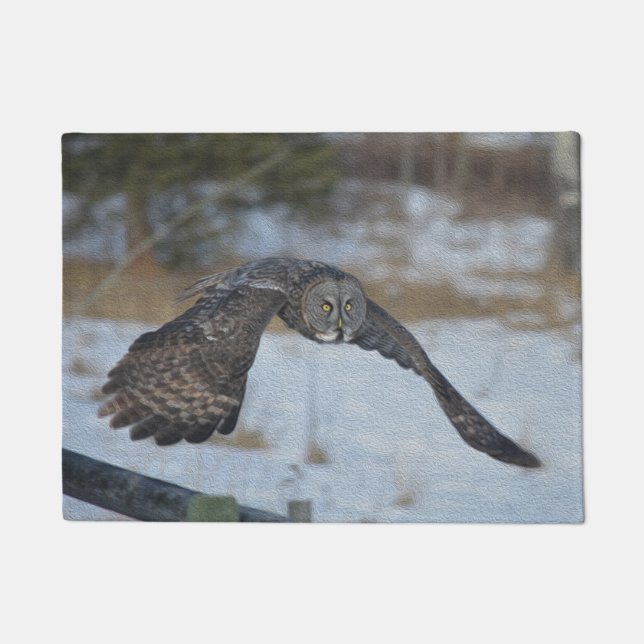 Flying Great Grey Owl in Winter Snow Doormat (Front)