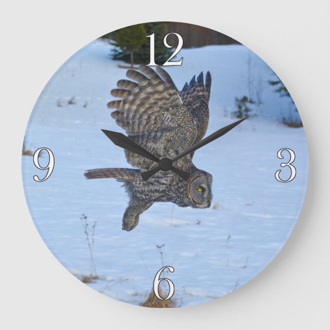 Flying Great Grey Owl Wildlife Photo Portrait I Large Clock (Front)