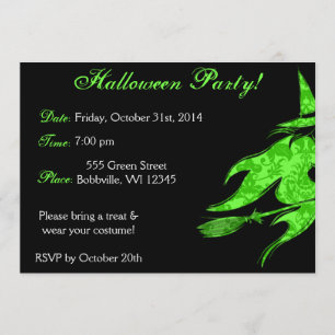 Flying Green Witch Halloween Invitation