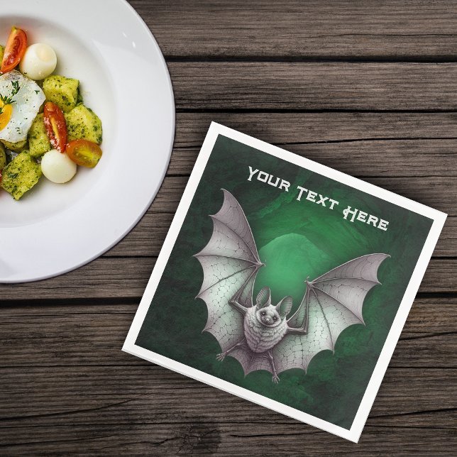 Flying Grey Bat Spooky Green Glowing Cave Trees Napkin (Flying grey bat out of spooky green glowing bat with trees on Halloween Paper party napkins.)