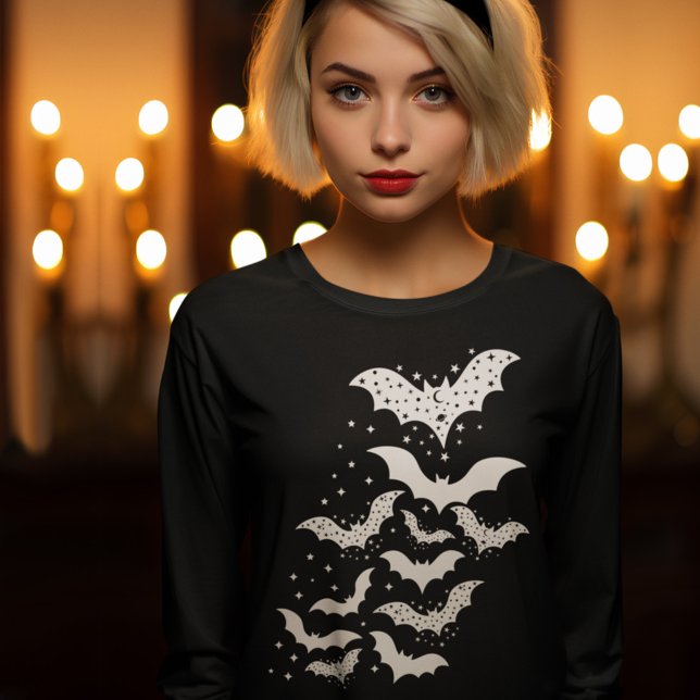 Flying Halloween Galaxy White Bats and Stars T-Shirt (Creator Uploaded)