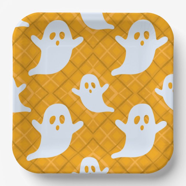 Flying Halloween Ghosts on Orange Plaid Paper Plate (Front)