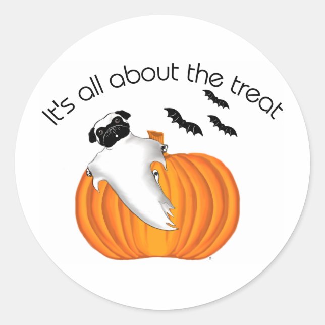 Flying Halloween Pug Ghost Funny Saying Pumpkin Classic Round Sticker (Front)