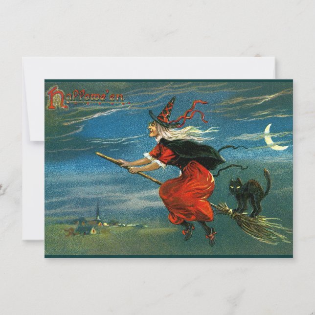 Flying Halloween Witch with Cat Card (Front)