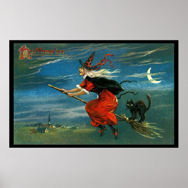 Flying Halloween Witch with Cat Poster (Front)