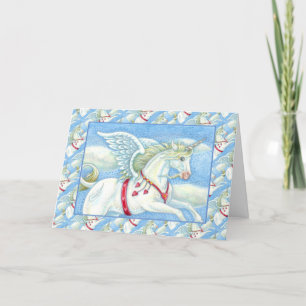 FLYING HEARTS WHITE UNICORN, FANTASY PEGASUS HOLIDAY CARD