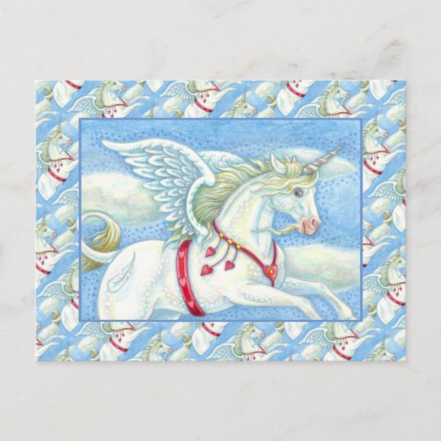 FLYING HEARTS WHITE UNICORN, FANTASY PEGASUS HOLIDAY POSTCARD (Front)