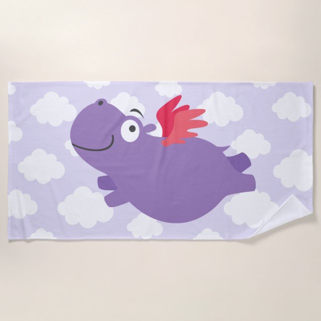 Flying Hippo Illustration Beach Towel (Front)