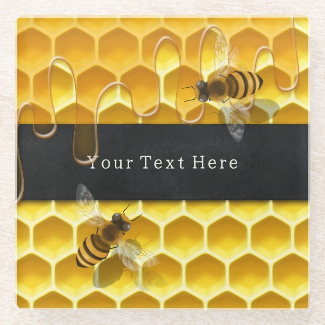 Flying Honeybees over Yellow Honeycomb Custom Glass Coaster (Front)