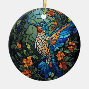 Flying Humming Bird Colorful Stained Glass Ceramic Tree Decoration