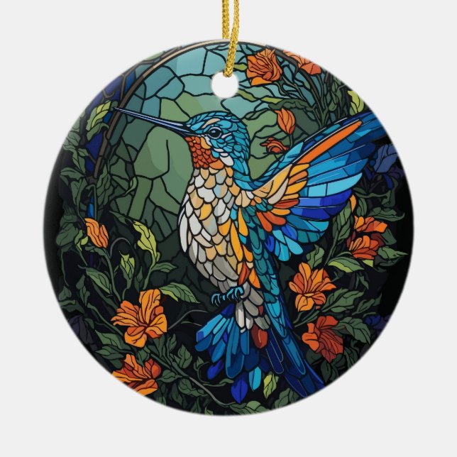 Flying Humming Bird Colourful Stained Glass Ceramic Tree Decoration (Front)